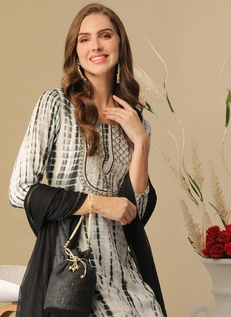 GoSriKi Black GoSriKi Women's Rayon Blend Straight Printed Kurta with Pant & Dupatta (TIEDYE Black-GS_S_Black_Small) for Women | Best Price UAE